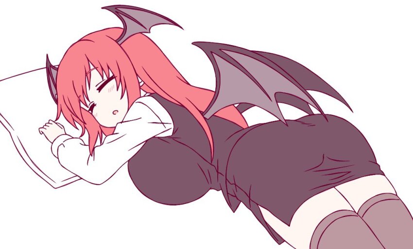 1girl ass black_skirt black_vest black_wings blush breasts brown_thighhighs closed_eyes commentary cowboy_shot flat_color head_wings ketsumaimo koakuma large_breasts long_hair long_sleeves open_mouth red_hair shirt simple_background skirt sleeping solo split_mouth thighhighs touhou vest white_background white_shirt wings