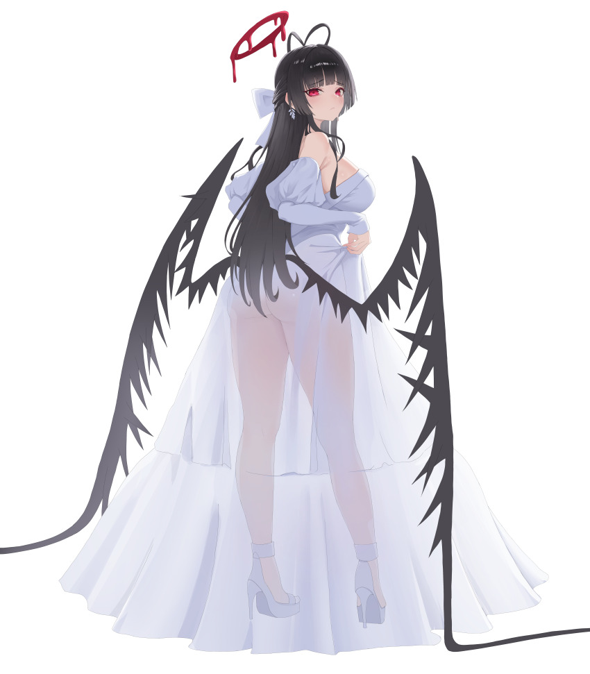 1girl :/ absurdres antenna_hair ass black_hair black_wings blood blood_halo blue_archive blush bow breasts closed_mouth commentary_request detached_sleeves dress earrings from_behind hair_bow halo high_heels highres jewelry korean_commentary large_breasts liquid_halo long_hair looking_at_viewer looking_back low_wings melting_halo musclexm official_alternate_costume red_eyes red_halo sandals see-through_clothes see-through_dress simple_background skirt_hold solo standing strappy_heels tsurugi_(blue_archive) tsurugi_(dress)_(blue_archive) very_long_hair white_background white_bow white_dress white_sleeves wings