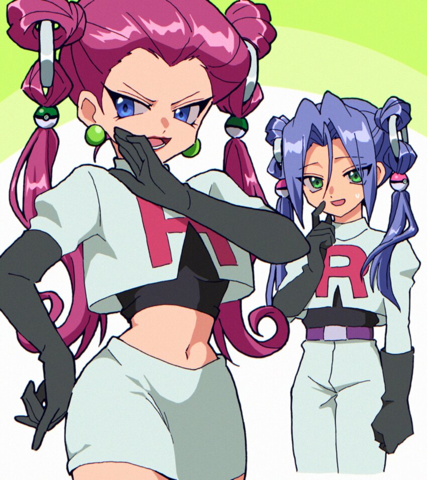 1boy 1girl alternate_hairstyle black_gloves blue_eyes creatures_(company) game_freak gloves green_eyes hair_ornament highres james_(pokemon) jessie_(pokemon) long_hair looking_at_viewer macchiromomomo nintendo pink_hair poke_ball pokemon pokemon_(anime) purple_hair team_rocket team_rocket_uniform