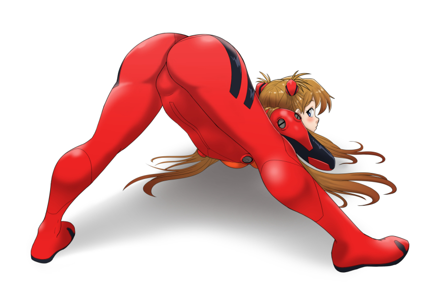 1girl ass ass_focus bodysuit breasts brown_hair flexible gez1313 hair_ornament interface_headset jack-o&#039;_challenge legs_up long_hair looking_at_viewer looking_back mecha_pilot_suit meme neon_genesis_evangelion plugsuit red_bodysuit red_eyes shiny_clothes simple_background solo souryuu_asuka_langley spread_legs stretching two_side_up wide_spread_legs