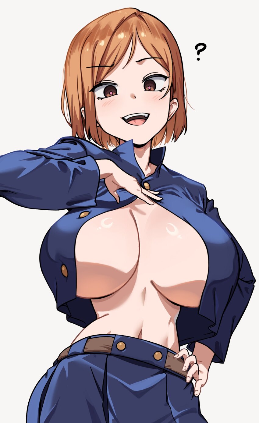 1girl ? absurdres blue_skirt blush breasts brown_eyes brown_hair commentary grey_background gungye hand_on_own_chest hand_on_own_hip highres huge_breasts jujutsu_kaisen jujutsu_tech_uniform kugisaki_nobara long_sleeves looking_at_viewer navel open_mouth partially_unbuttoned short_hair simple_background skirt solo symbol-only_commentary