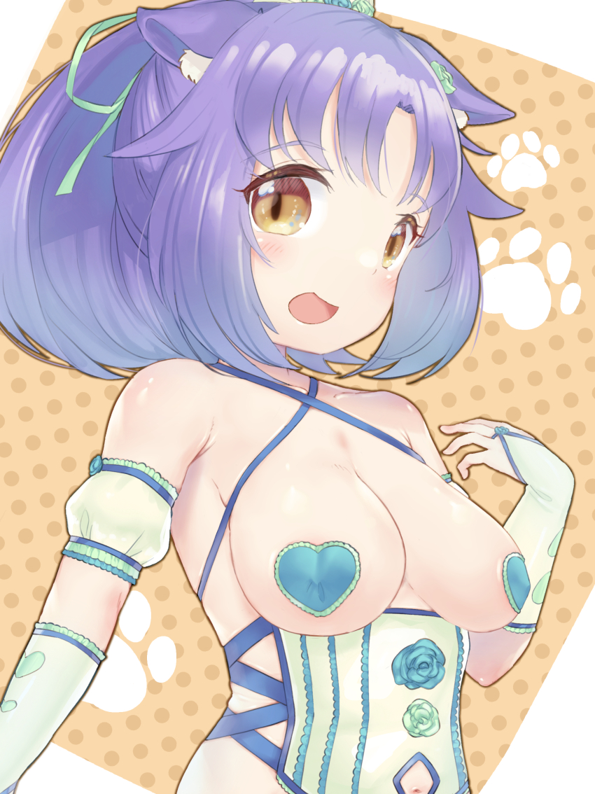 1girl :d absurdres alternate_costume animal_ear_fluff animal_ears armpit_crease bare_shoulders bi_neko706 blush breasts bridal_gauntlets brown_eyes cat_ears cat_girl cinnamon_(nekopara) cleavage collarbone colored_eyelashes commentary corset covered_erect_nipples criss-cross_halter floppy_ears green_bridal_gauntlets green_corset green_ribbon hair_ribbon halterneck hand_up happy heart heart_pasties heart_print highres large_breasts light_brown_background lingerie long_hair looking_at_viewer nekopara open_mouth pasties paw_print polka_dot polka_dot_background ponytail purple_hair ribbon simple_background slit_pupils smile solo underwear upper_body