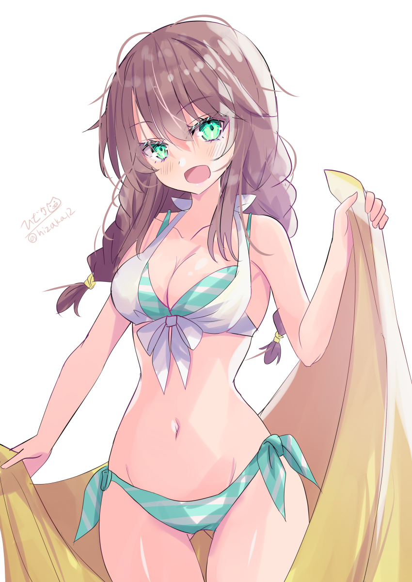 1girl absurdres bikini braid breasts brown_hair cleavage front-tie_bikini_top front-tie_top green_eyes hair_between_eyes highres hizaka kantai_collection medium_breasts noshiro_(kancolle) one-hour_drawing_challenge open_mouth side-tie_bikini_bottom simple_background solo swept_bangs swimsuit twin_braids white_background yellow_towel