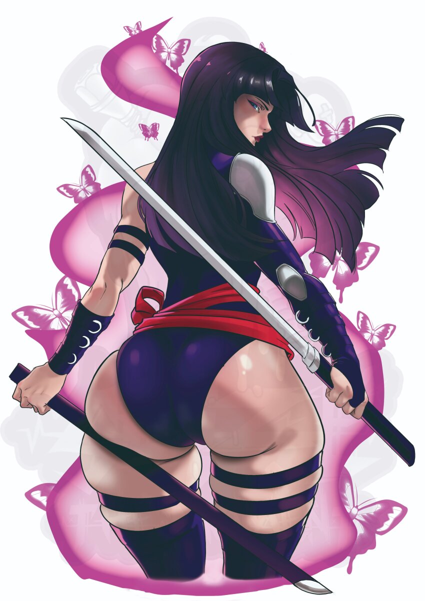 1girl absurdres ass blue_eyes energy highres holding holding_sword holding_weapon huge_ass katana leotard long_hair looking_at_viewer looking_back marvel marvel_rivals nero_undead psylocke purple_hair purple_leotard purple_thighhighs red_sash sash solo sword thighhighs waist_sash weapon