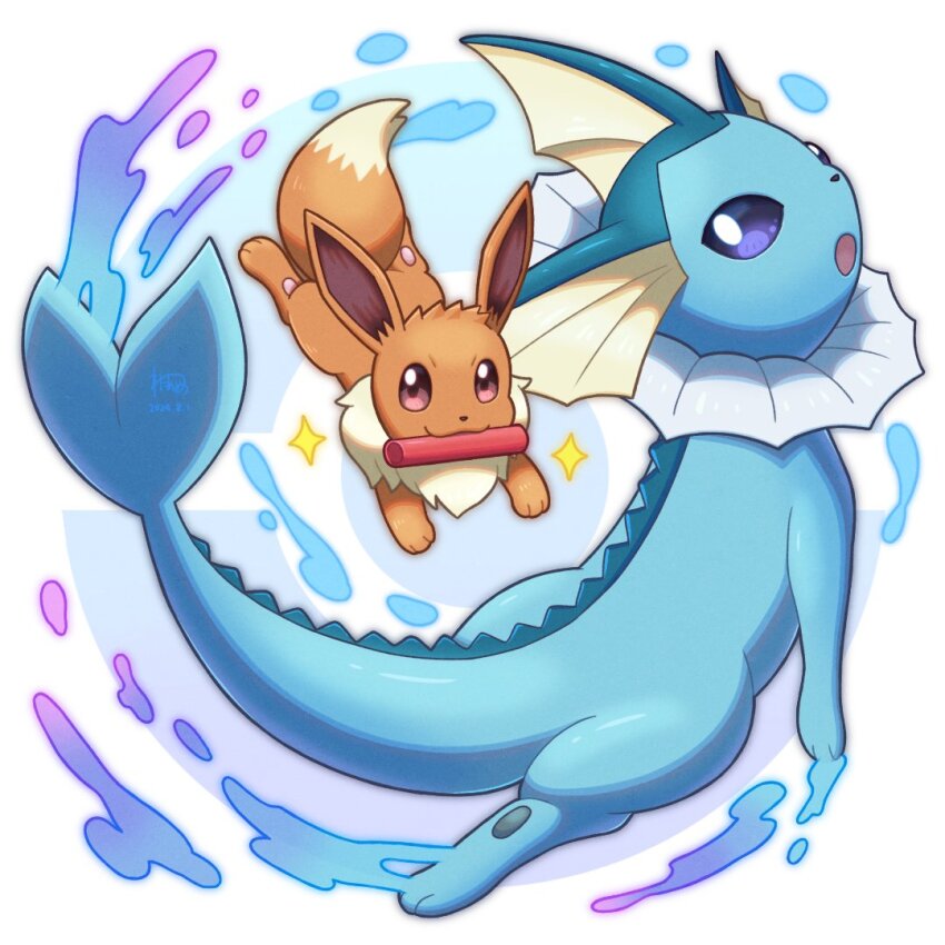 blue_fur brown_fur creatures_(company) eevee fins fish_tail game_freak gen_1_pokemon head_fins looking_at_viewer nintendo no_humans open_mouth pokemon pokemon_(creature) sparkle tail two-tone_background vaporeon wataame4907 white_background