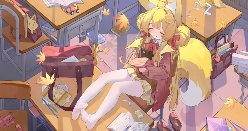 1girl absurdres animal_ear_fluff animal_ears blonde_hair book chair chinese_text classroom closed_eyes eraser feet food fox_ears fox_girl fox_tail fruit full_body highres holding holding_book hugging_book hugging_object leaf lemon lemon_slice long_hair long_sleeves looking_at_viewer maple_leaf ningmeng_jing_jing_jing_jing original pantyhose pencil sex_toy shoes simplified_chinese_text sleeping soles sweater table tail variant_set vibrator white_pantyhose zzz