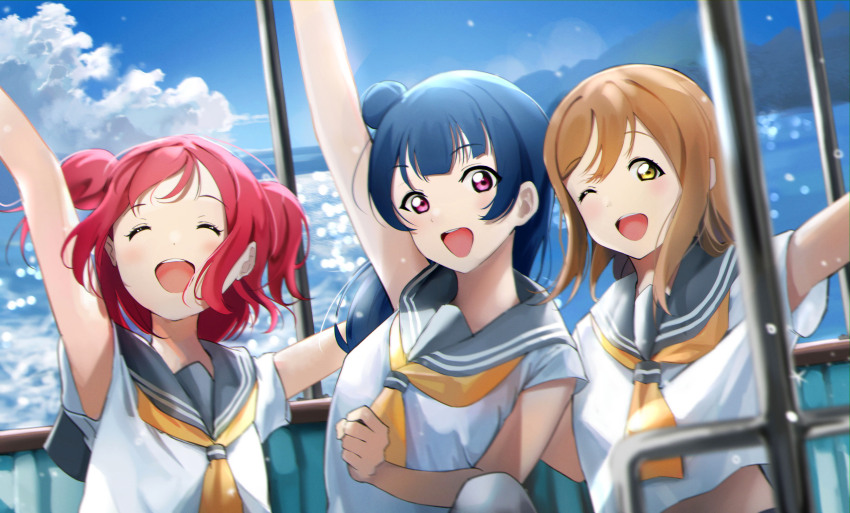 3girls :d ;d ^_^ absurdres arms_up blue_hair blue_sky brown_hair closed_eyes cloud dark_blue_hair grey_sailor_collar grey_skirt hair_bun highres kunikida_hanamaru kurosawa_ruby long_hair looking_at_viewer love_live! love_live!_sunshine!! medium_hair midriff_peek moshi_(0364p) mountainous_horizon multiple_girls neckerchief one_eye_closed open_mouth outdoors purple_eyes red_hair sailor_collar school_uniform serafuku shirt short_sleeves single_side_bun skirt sky sleeveless sleeveless_shirt smile summer_uniform teeth tsushima_yoshiko two_side_up upper_body upper_teeth_only uranohoshi_school_uniform white_shirt yellow_eyes yellow_neckerchief