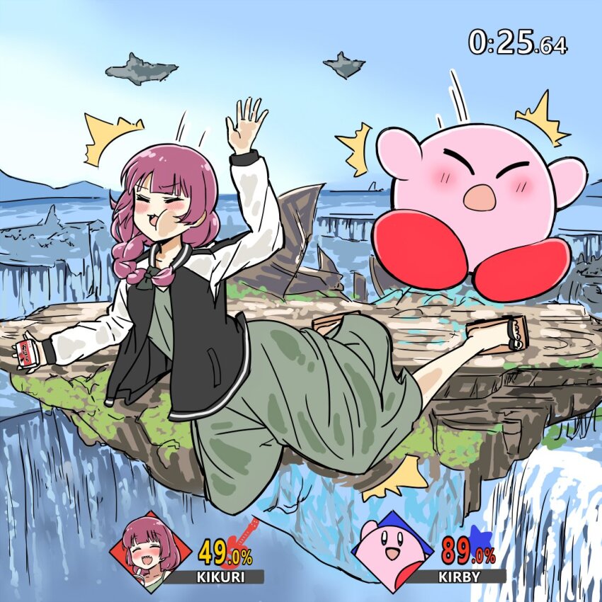 1girl ^^^ against_fourth_wall alcohol_carton black_jacket black_nails blue_sky blush bocchi_the_rock! bow clear_sky closed_eyes collarbone crossover day dress floating_island fourth_wall geta green_bow green_dress hair_bow hair_over_shoulder hiroi_kikuri holding_carton jacket kirby kirby_(series) long_hair long_sleeves low-braided_long_hair low-tied_long_hair medium_dress multicolored_jacket nail_polish nintendo open_clothes open_jacket open_mouth outdoors sky super_smash_bros. toenail_polish toenails torako_(toramaru) two-tone_jacket water waterfall white_jacket