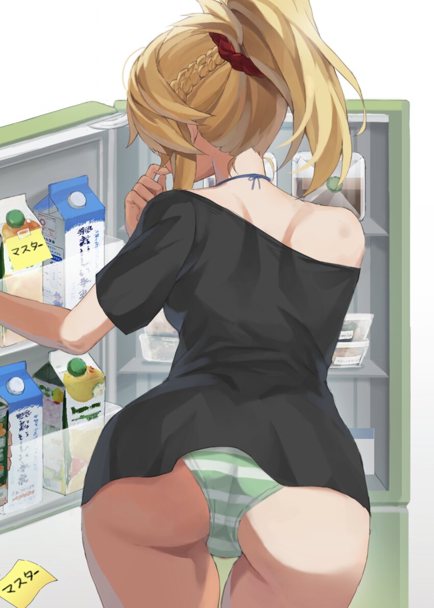 1girl absurdres ass back black_shirt blonde_hair braid breasts carton fate/apocrypha fate_(series) green_panties hair_ornament hair_scrunchie half_up_braid highres jewelry long_hair milk_carton mordred_(fate) mordred_(fate/apocrypha) panties ponytail refrigerator revision scrunchie shirt sidelocks single_bare_shoulder small_breasts solo striped_clothes striped_panties tonee translation_request underwear