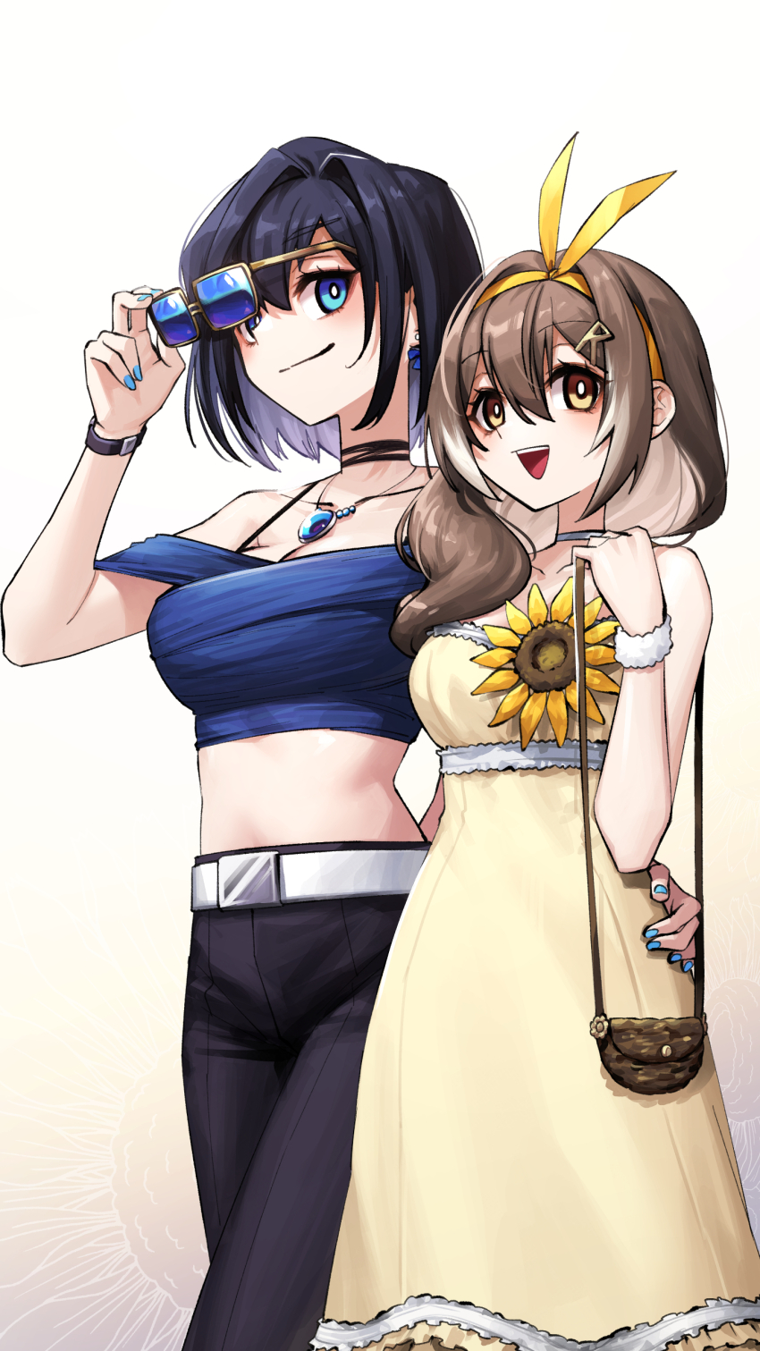 2girls :d absurdres adarin alternate_costume alternate_hairstyle arm_around_waist bag belt black_choker black_pants blue-tinted_eyewear blue_eyes blue_hair blue_nails blue_shirt bow bow_earrings breasts bright_pupils brown_eyes brown_hair choker colored_tips commentary crop_top double-parted_bangs dress dress_flower earrings flower frilled_dress frills hair_between_eyes hair_intakes hair_ornament hair_over_shoulder hair_ribbon hairclip highres hololive hololive_english jewelry large_breasts letter_hair_ornament long_hair looking_at_viewer medium_breasts midriff multicolored_hair multiple_girls nail_polish nanashi_mumei necklace off-shoulder_shirt off_shoulder open_mouth ouro_kronii pants removing_eyewear ribbon shirt short_hair shoulder_bag sleeveless sleeveless_dress smile strapless strapless_dress sundress sunflower sunglasses teeth tinted_eyewear upper_teeth_only virtual_youtuber white_belt white_choker white_hair white_pupils yellow-framed_eyewear