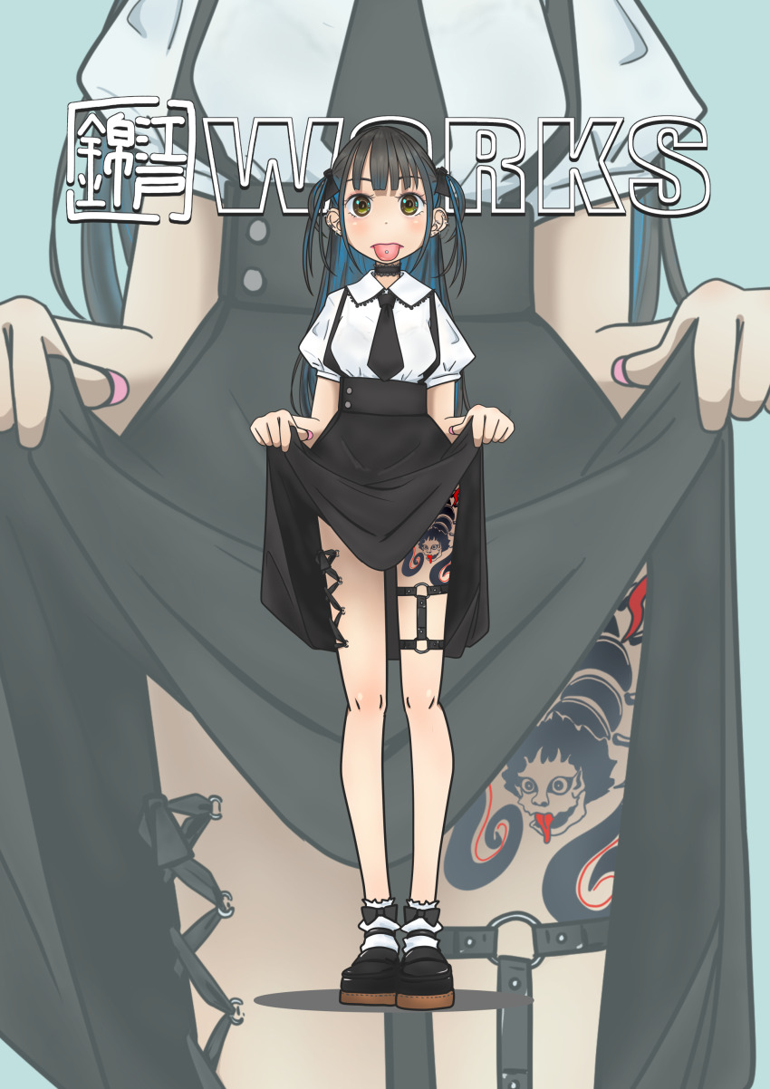 1girl absurdres black_bow black_choker black_footwear black_hair black_necktie black_skirt blouse blue_hair blush bow choker clothes_lift collared_shirt corset_piercing ear_piercing edo_nishiki full_body green_eyes hair_bow high-waist_skirt highres jirai_kei leg_tattoo legs lifting_own_clothes long_hair looking_at_viewer multicolored_hair necktie o-ring o-ring_thigh_strap original piercing pink_nails puffy_short_sleeves puffy_sleeves shirt short_sleeves skirt skirt_lift solo standing suspender_skirt suspenders tattoo thigh_strap tongue tongue_out tongue_piercing two_side_up white_shirt zoom_layer