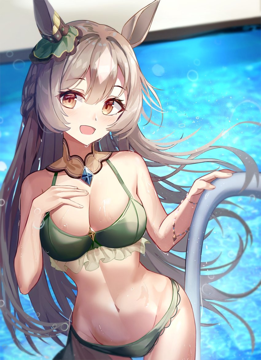 1girl animal_ears bikini blurry blurry_background bracelet braid frills half_updo hands_up highres horse_ears horse_girl jewelry lace long_hair looking_at_viewer open_mouth pool pool_ladder satono_diamond_(umamusume) seero sidelocks smile solo standing swimsuit thighs umamusume water wet