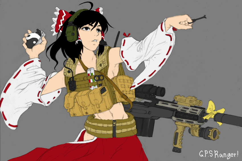 1girl ammunition armor armpits bow detached_sleeves explosive female_focus grenade gun hakama hakama_skirt hakurei_reimu headset highres japanese_clothes ranger_(mll0101) red_hakama skirt solo throwing touhou weapon yin_yang