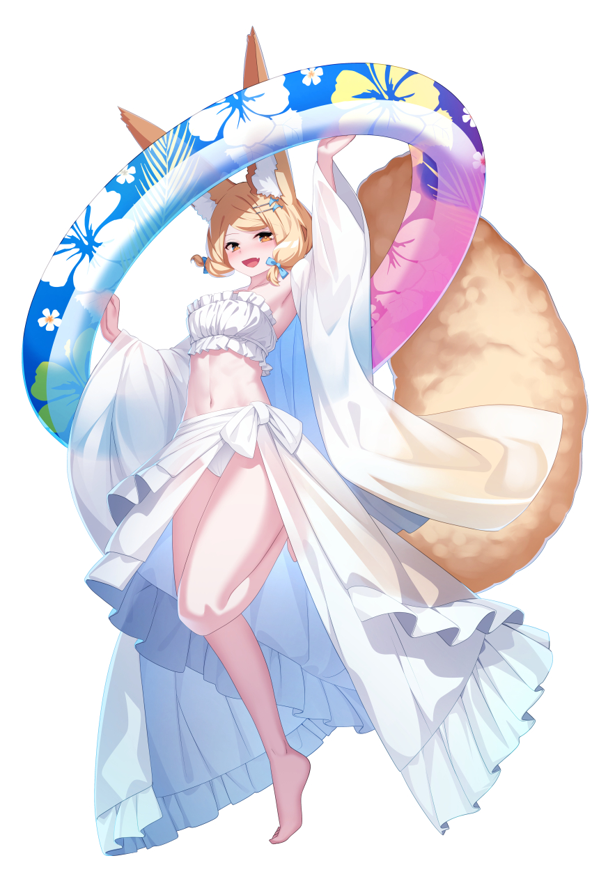 1girl :d absurdres animal_ear_fluff animal_ears arm_up bikini blonde_hair breasts fox_ears fox_girl fox_tail frills full_body highres innertube long_sleeves looking_at_viewer medium_breasts navel open_mouth orange_eyes original simple_background smile solo standing standing_on_one_leg swim_ring swimsuit tail white_background white_bikini wide_sleeves yuuji_(yukimimi)