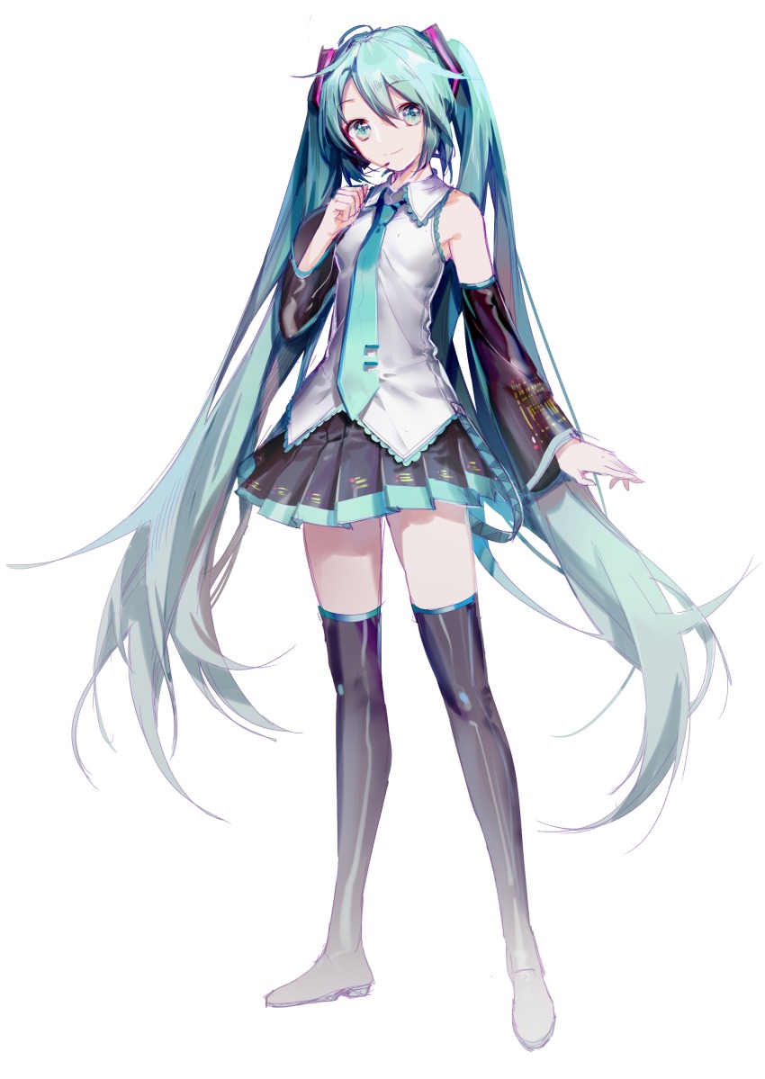 1girl absurdres aqua_eyes aqua_hair black_footwear black_thighhighs boots detached_sleeves female_focus full_body hatsune_miku headset highres long_hair necktie sketch skirt solo thigh_boots thighhighs twintails very_long_hair vocaloid white_background yyb zettai_ryouiki