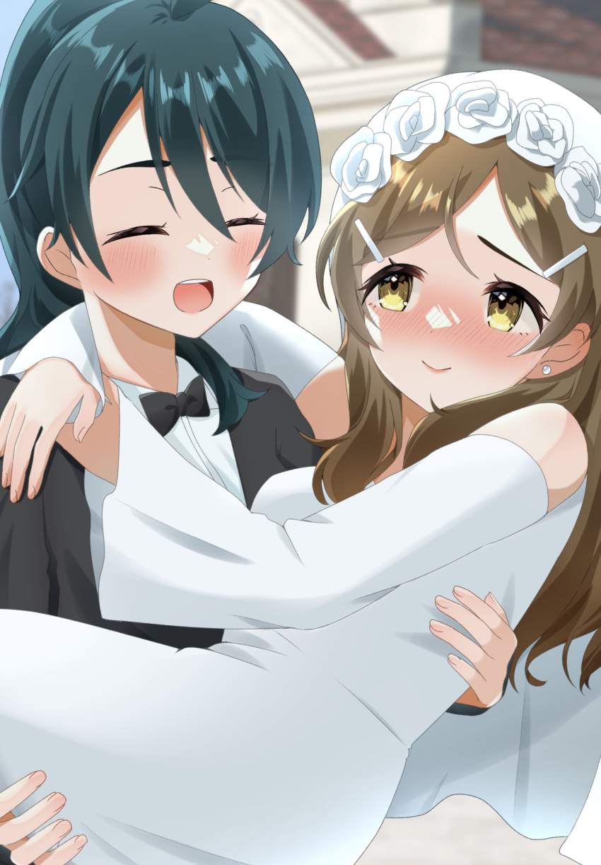 2girls black_bow black_bowtie blush bow bowtie bridal_veil brown_hair carrying closed_eyes detached_sleeves dress female_focus green_hair highres long_hair momo3pengin multiple_girls nose_blush ponytail princess_carry saegusa_wakaba shinomiya_himawari smile tuxedo upper_body veil vividred_operation wedding_dress white_dress wife_and_wife yellow_eyes yuri