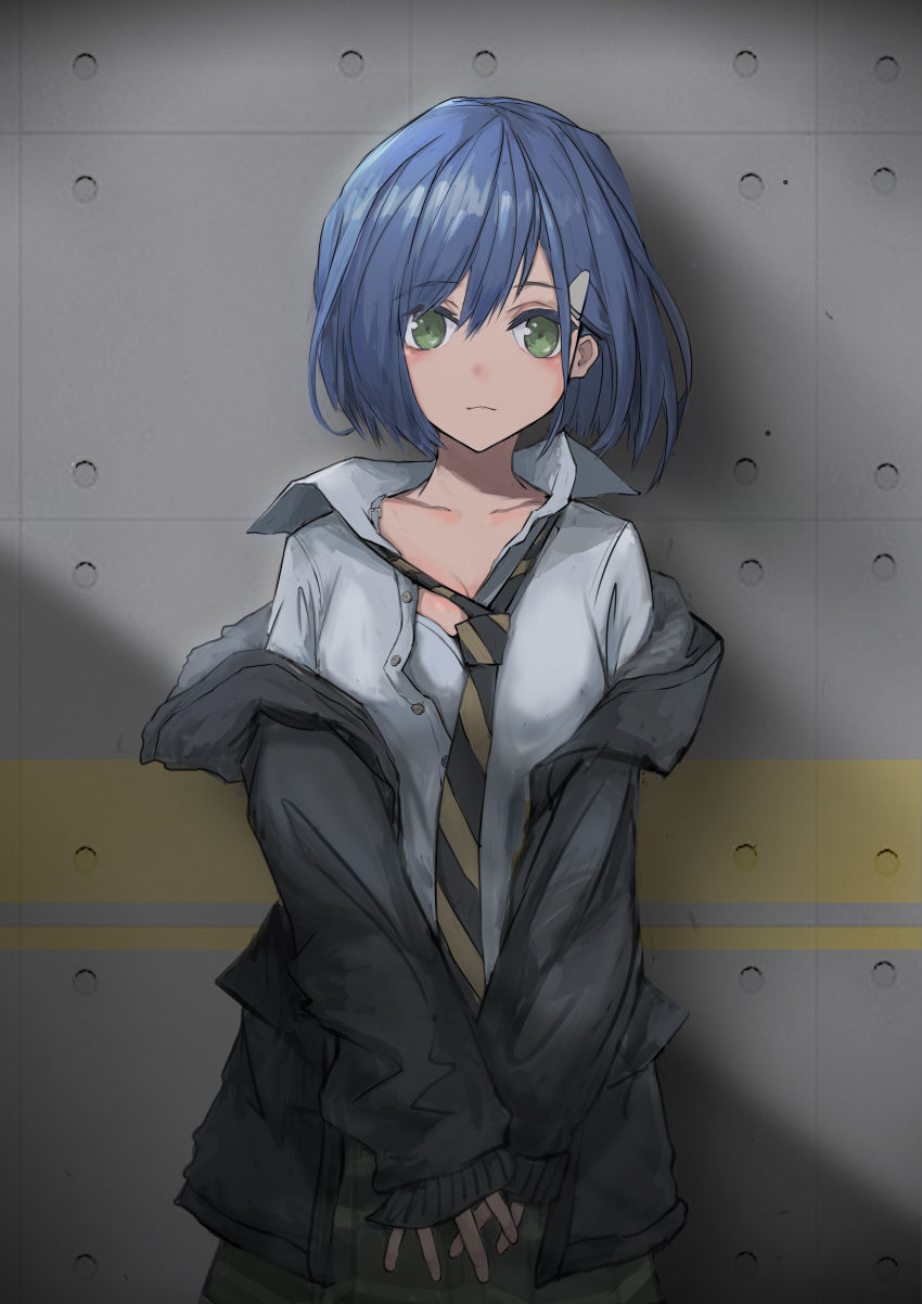 absurdres aegisfate black_hoodie black_necktie blue_hair bra breasts chinese_commentary cleavage commentary concrete cowboy_shot darling_in_the_franxx dress_shirt expressionless green_eyes grey_skirt hair_ornament hairclip highres hood hoodie ichigo_(darling_in_the_franxx) light_frown looking_at_viewer loose_necktie necktie off_shoulder open_clothes open_hoodie open_shirt partially_unbuttoned pleated_skirt school_uniform shirt skirt small_breasts solo standing unbuttoned unbuttoned_shirt underwear white_bra white_shirt yellow_necktie