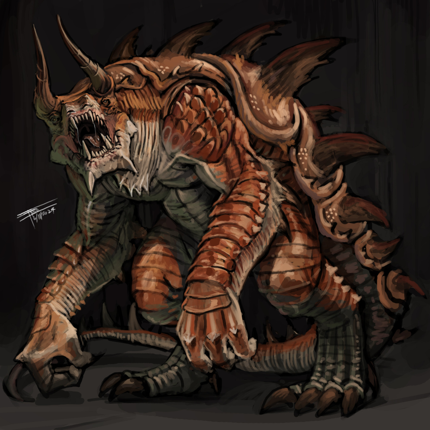 absurdres animal_focus artist_name brown_eyes carapace claws dungeons_&amp;_dragons fangs frost_llamzon full_body highres horns looking_at_viewer monster no_humans open_mouth scales sharp_teeth signature solo spikes tail tarrasque teeth