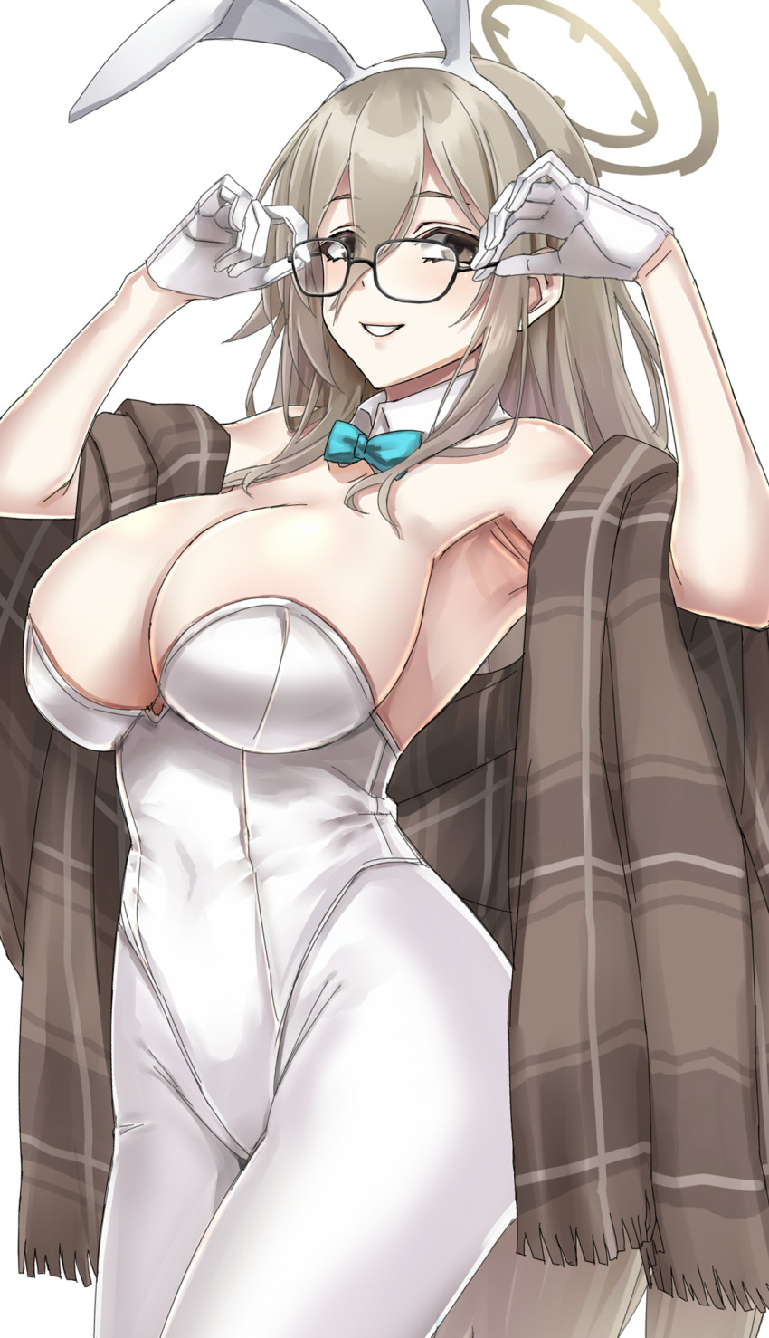 akane_(blue_archive) akane_(bunny)_(blue_archive) animal_ears aqua_bow aqua_bowtie bare_shoulders black-framed_eyewear blue_archive blush bow bowtie breasts brown_eyes brown_hair cleavage clenched_teeth commentary detached_collar glasses halo highres leotard looking_at_viewer minarai playboy_bunny teeth