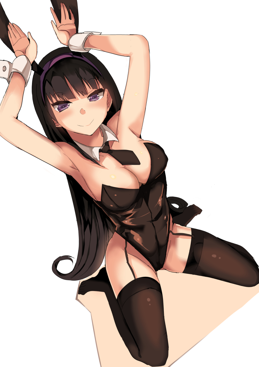 1girl animal_ears arms_up bare_shoulders black_hair black_leotard blunt_bangs boku_(@mangaboku) breasts cleavage closed_mouth collarbone commentary detached_collar fake_animal_ears garter_straps highres houkago_no_goumon_shoujo leotard long_hair looking_at_viewer medium_breasts necktie no_shoes playboy_bunny rabbit_ears rabbit_pose smile solo strapless strapless_leotard thighhighs thighs tomochika_asami very_long_hair wrist_cuffs