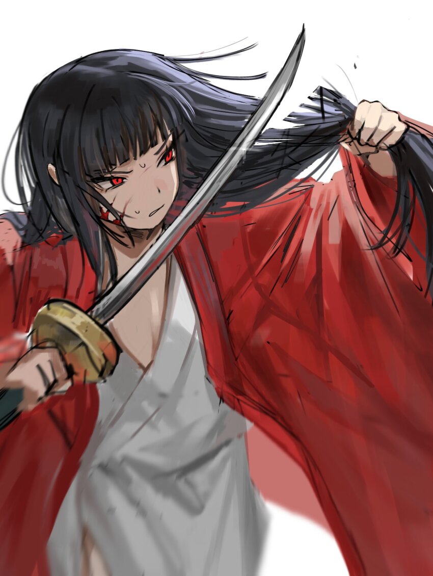 1girl black_hair clenched_teeth coat cowboy_shot cutting_hair cutting_own_hair hands_up highres holding holding_sword holding_weapon japanese_clothes kimono limbus_company long_hair long_sleeves na-gyou_(nunumaru) project_moon red_coat red_eyes ryoshu_(project_moon) simple_background solo sword teeth very_long_hair weapon white_background white_kimono wide_sleeves