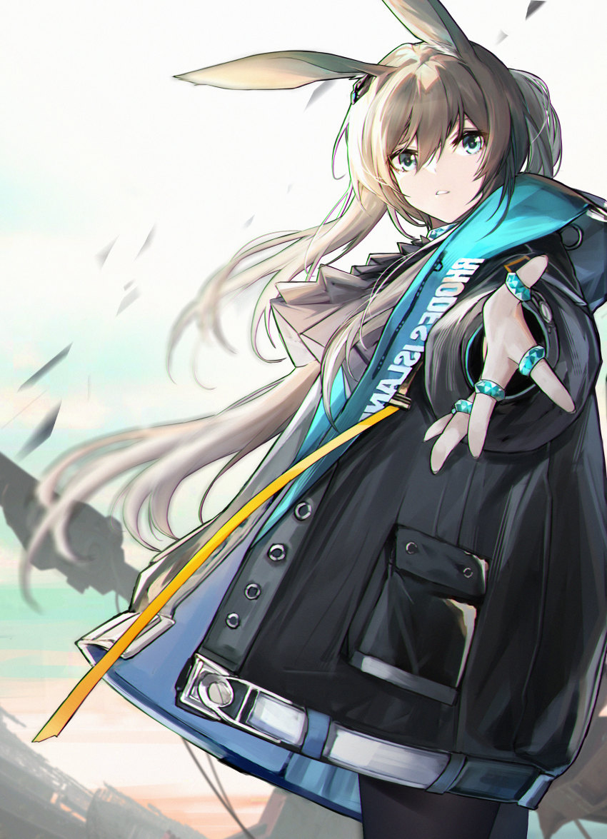 1girl absurdres amiya_(arknights) animal_ears arknights ascot black_ascot black_coat black_pantyhose blue_eyes brown_hair buttons coat cowboy_shot eyebrows_hidden_by_hair floating_hair foreshortening from_side hair_between_eyes highres hood hooded_coat jewelry jia_redian_ruzi_ruzi long_hair looking_at_viewer looking_to_the_side open_clothes open_coat open_hand outstretched_arm pantyhose parted_lips pocket ponytail rabbit_ears reaching reaching_towards_viewer ring solo very_long_hair