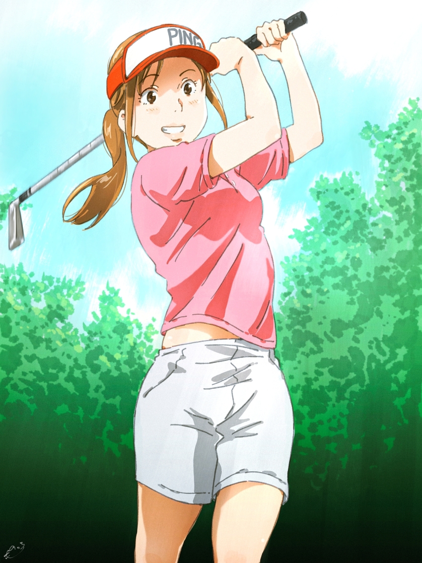 1girl alternate_art_style brown_eyes brown_hair commentary_request golf golf_club highres holding holding_golf_club long_hair monodevil ooi!_tonbo ooi_tonbo outdoors pink_shirt playing_golf ponytail shirt shorts sidelocks signature smile twisted_torso visor_cap white_shorts