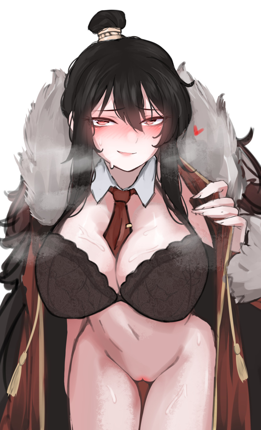 1girl absurdres between_breasts black_bra black_hair blush bra breasts coat cowboy_shot detached_collar fur-trimmed_coat fur_trim hair_between_eyes hair_bun heart highres large_breasts library_of_ruina long_hair looking_at_viewer navel necktie necktie_between_breasts open_clothes open_mouth project_moon pussy red_coat red_eyes red_necktie sidelocks simple_background solo sweat tassel underwear white_background xiao_(project_moon) xkittyzx