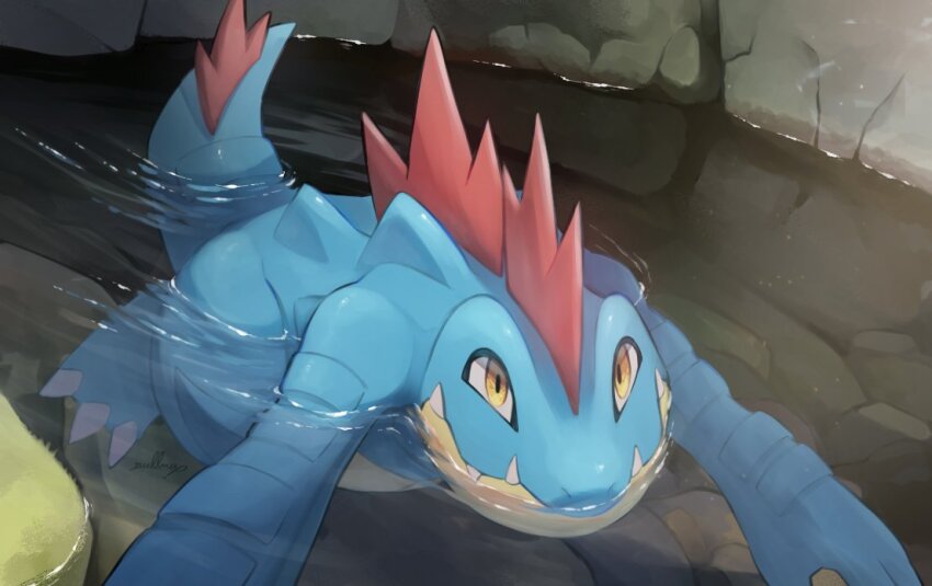 alligator blue_skin colored_skin creatures_(company) crocodilian feraligatr fins full_body game_freak gen_2_pokemon looking_at_viewer nintendo nullma partially_submerged pokemon pokemon_(creature) river solo yellow_eyes