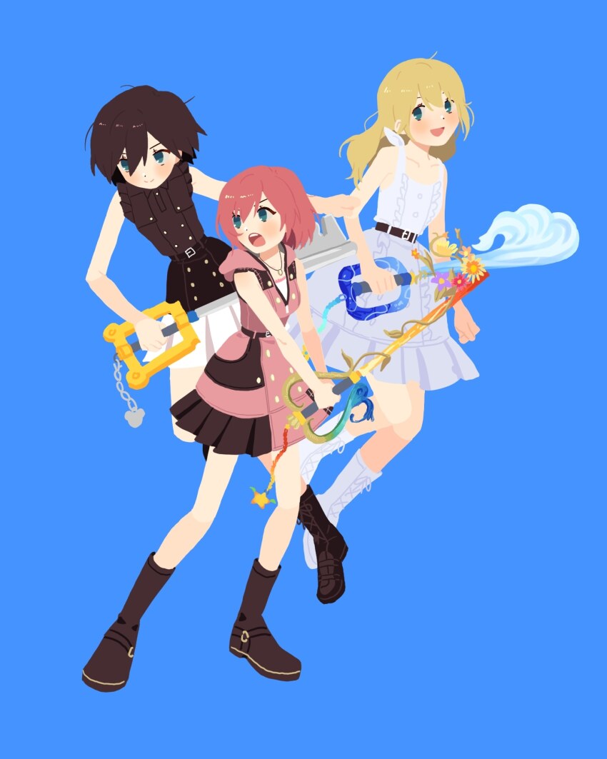 3girls :d :o alternate_costume belt black_belt black_dress black_footwear black_hair blonde_hair blue_background boots center_frills closed_mouth cross-laced_footwear destiny&#039;s_embrace_(kingdom_hearts) dress frills full_body green_eyes highres holding holding_weapon hooded_dress jewelry kairi_(kingdom_hearts) keyblade kingdom_hearts kingdom_hearts_iii kingdom_key lace-up_boots long_hair melkymelkii multiple_girls namine necklace open_mouth pink_dress pink_hair pleated_dress shirt short_hair simple_background sleeveless sleeveless_dress smile undershirt weapon white_dress white_footwear white_shirt xion_(kingdom_hearts)