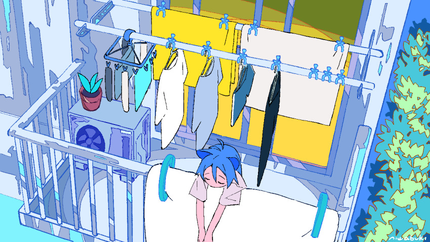 1girl air_conditioner animal_ears animated animated_gif antenna_hair apartment bad_id bad_tumblr_id balcony blue_hair bug butterfly cat_ears closed_eyes clothes_hanger clothes_pin clothesline from_above from_outside from_side head_rest insect laundry leaning_forward leaning_on_object limited_palette niwabuki noshime_ruka original plant potted_plant shirt short_sleeves signature slice_of_life solo tree v_arms wind