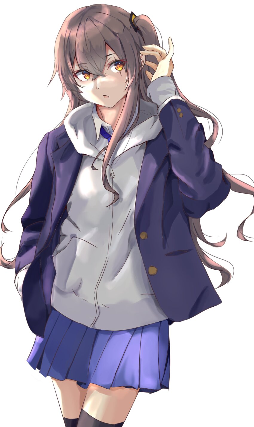 1girl absurdres alternate_costume black_thighhighs blue_skirt breasts brown_eyes brown_hair feet_out_of_frame girls&#039;_frontline grey_hoodie hand_in_own_hair hand_in_pocket highres hood hoodie jacket long_hair long_sleeves looking_at_viewer open_clothes open_jacket open_mouth purple_jacket satsumaagee scar scar_across_eye side_ponytail simple_background skirt small_breasts solo standing thighhighs ump45_(girls&#039;_frontline) white_background