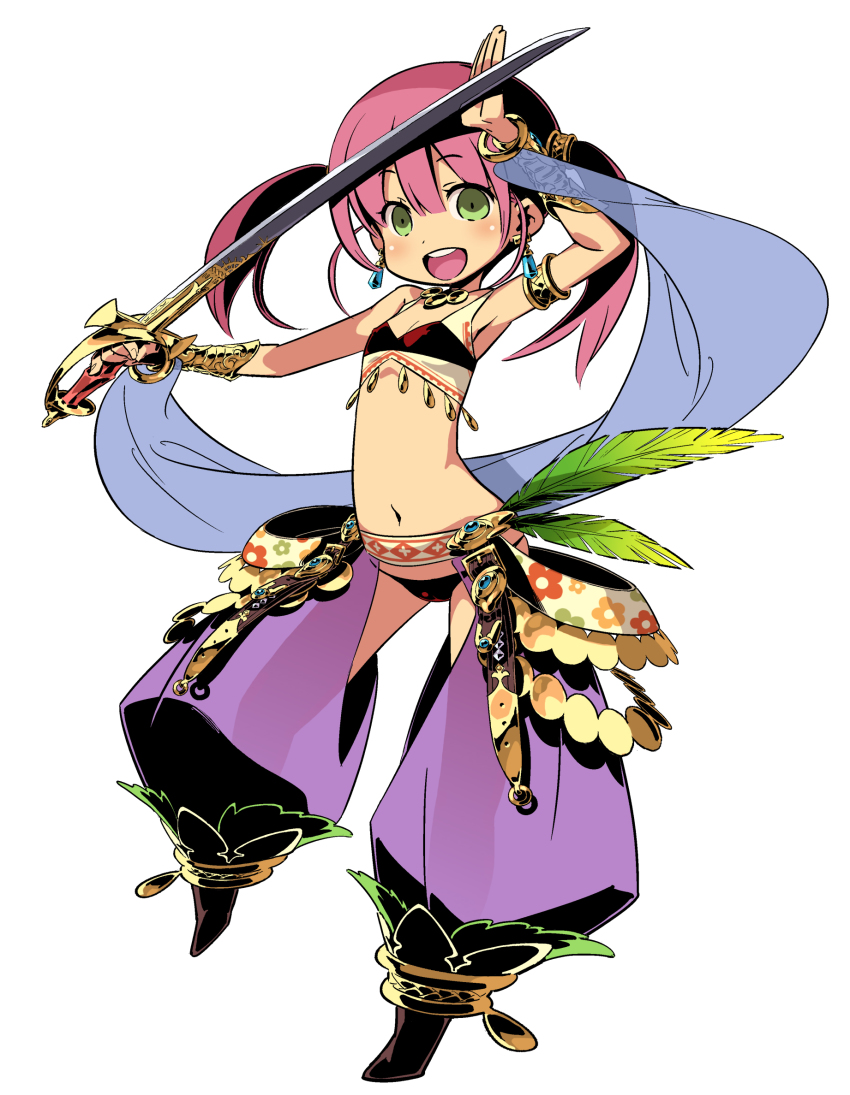 1girl arm_up armlet boots bracer dancer_(sekaiju) dancer_2_(sekaiju) earrings etrian_odyssey female_focus flat_chest full_body green_eyes harem_outfit harem_pants highres himukai_yuuji jewelry lowleg navel official_art open_mouth pants see-through_silhouette simple_background solo sword twintails weapon white_background