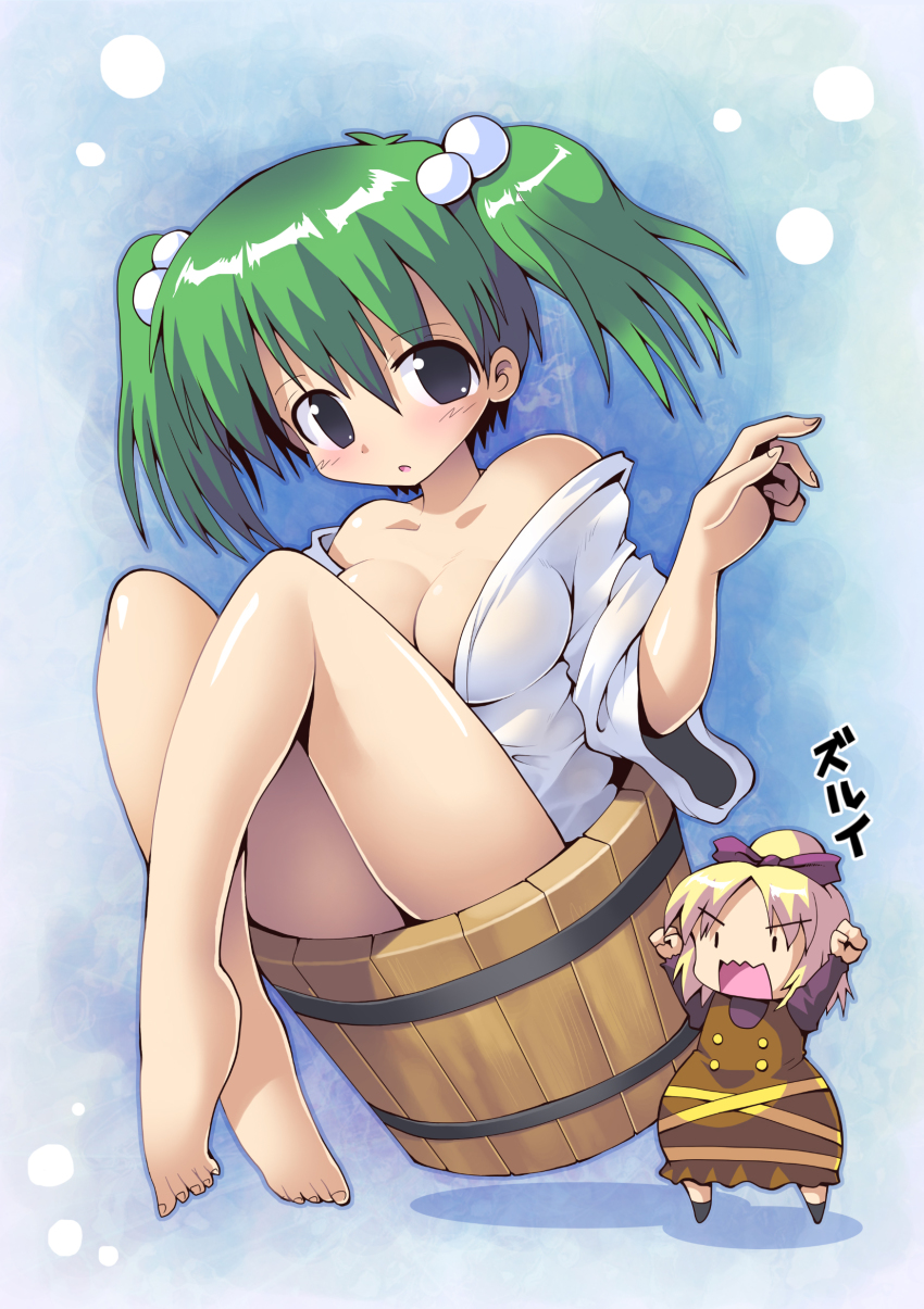 2girls absurdres bad_feet bare_legs bare_shoulders barefoot blonde_hair bow breasts bucket chibi cleavage feet female_focus green_hair hair_bobbles hair_ornament highres in_bucket in_container kisume kurodani_yamame kurogarasu legs multiple_girls off_shoulder aged_up open_clothes short_hair touhou twintails