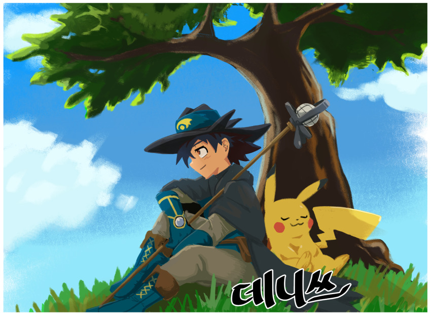 1boy aqua_footwear aqua_gloves ash_ketchum black_cape black_hair boots cape closed_mouth cloud commentary cosplay creatures_(company) day from_side game_freak gen_1_pokemon gigobyte350 gloves grass hat highres holding holding_staff male_focus nintendo outdoors pants pikachu pokemon pokemon:_lucario_and_the_mystery_of_mew pokemon_(anime) pokemon_(creature) pokemon_rse_(anime) shirt sir_aaron sir_aaron_(cosplay) sitting sky spiked_hair staff tree