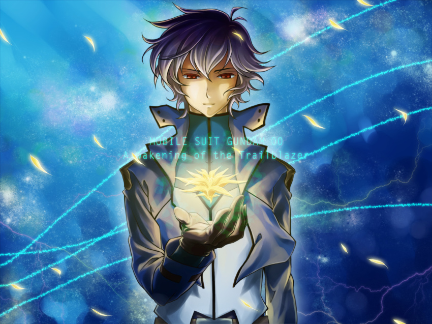 00s 1boy black_hair electricity flower gloves gundam gundam_00 gundam_00_a_wakening_of_the_trailblazer male_focus nanoka petals red_eyes setsuna_f._seiei solo space text_focus uniform