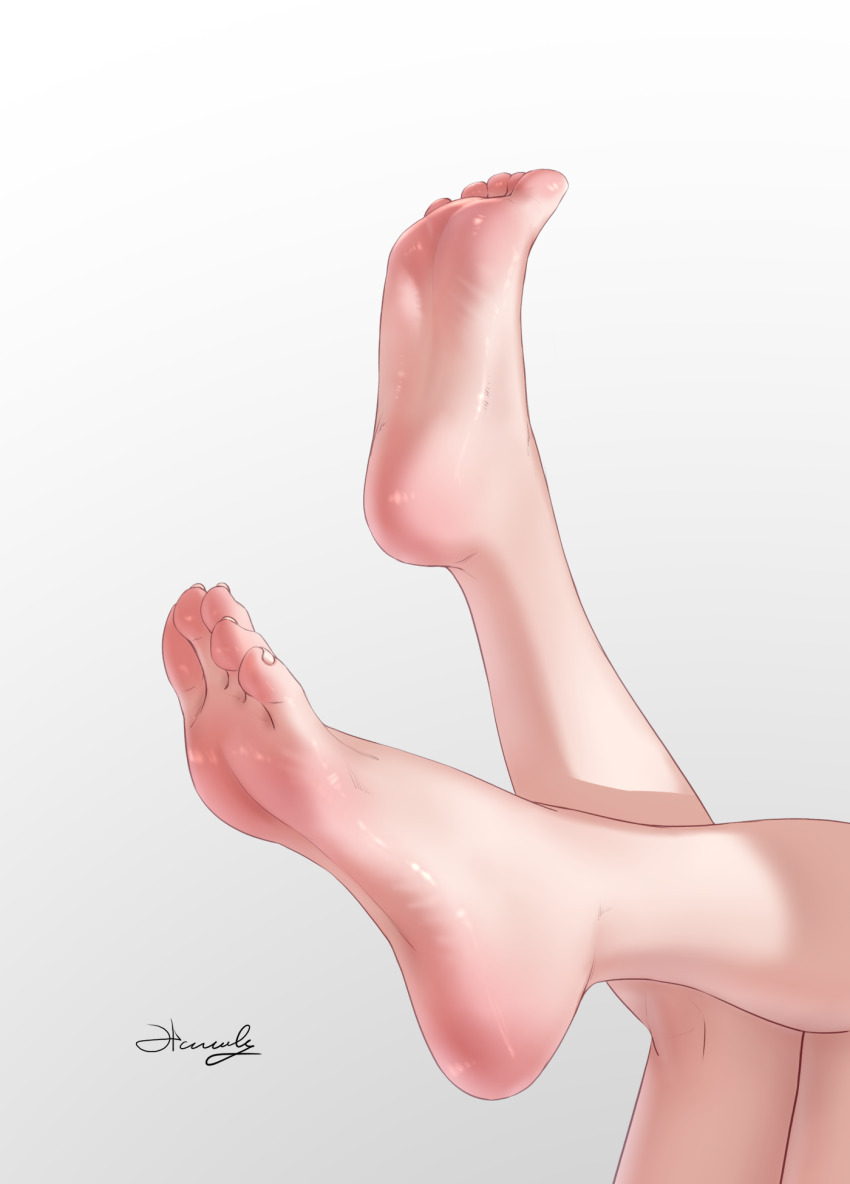 1girl barefoot chinese_commentary commentary_request dorsiflexion feet feet_only flamerush191 foot_focus foot_up grey_background highres knees_together_feet_apart leg_up legs original out_of_frame paid_reward_available signature simple_background soles solo toenails toes