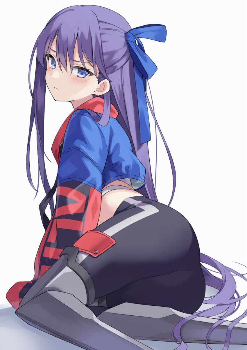 100 100percent_park 1girl armored_boots ass black_pants blue_eyes blue_jacket boots crop_top cropped_jacket fate/grand_order fate_(series) hair_ribbon half_updo highres jacket knee_boots long_hair long_sleeves looking_at_viewer meltryllis_(fate) meltryllis_(tour_outfit)_(fate) midriff pants parted_lips purple_hair ribbon shirt simple_background sitting solo undershirt very_long_hair white_background white_shirt yokozuwari