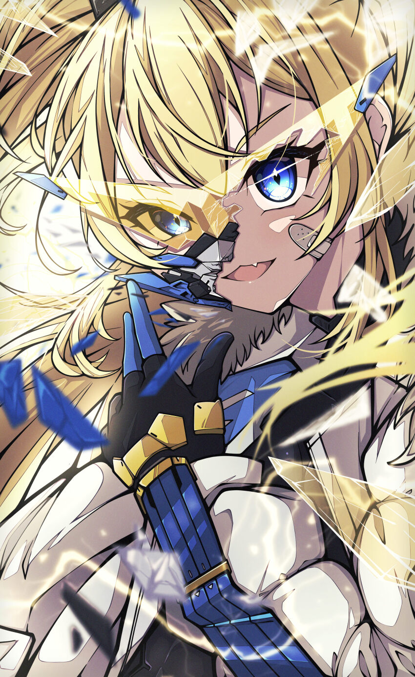 1girl absurdres bandaid bandaid_on_face black_gloves blonde_hair blue_eyes broken_mask coat fang fur-trimmed_coat fur_trim gloves goddess_of_victory:_nikke hair_between_eyes hand_up highres kakuzatou_(cubesugar03196) laplace_(nikke) long_hair looking_at_viewer mask open_clothes open_mouth solo upper_body white_coat