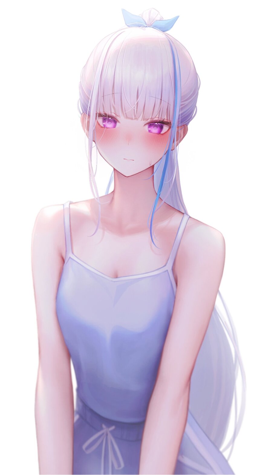 1girl bare_shoulders bloom blue_camisole blue_hair blue_shorts blunt_bangs blush camisole closed_mouth drawstring highres lize_helesta long_hair looking_at_viewer multicolored_hair nijisanji nose_blush oni0417 ponytail purple_eyes shorts sidelocks simple_background solo streaked_hair very_long_hair virtual_youtuber white_background white_hair