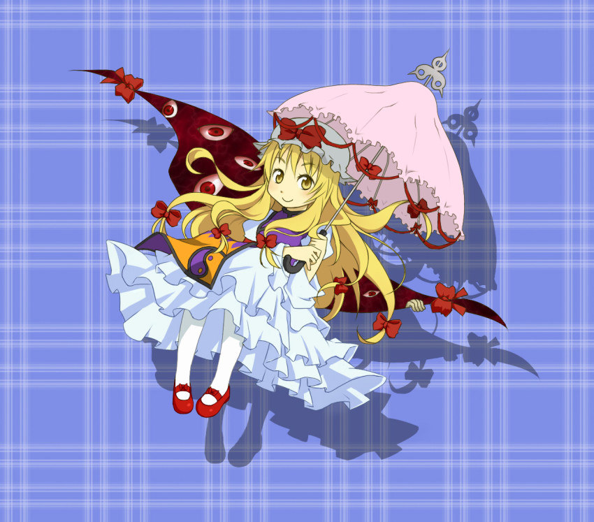 1girl blonde_hair dress female_focus gap_(touhou) long_hair looking_at_viewer mary_janes pantyhose plaid_background shoes sitting smile solo tikuwakure tori_(torashimaneko) touhou umbrella white_pantyhose yakumo_yukari yellow_eyes