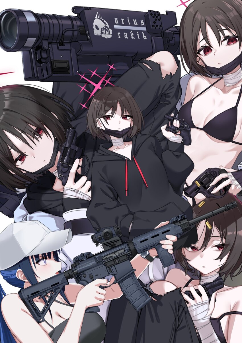 2girls assault_rifle bandaged_neck bandages barbell_piercing baseball_cap black_camisole black_mask blue_archive camisole ear_piercing fim-92_stinger gun halo handgun hat highres industrial_piercing ivan_wang mask misaki_(blue_archive) mouth_mask multiple_girls pants piercing pink_halo revolver rifle rocket_launcher ruger_lcr saori_(blue_archive) saori_(swimsuit)_(blue_archive) sig_516 star_halo surgical_mask torn_clothes torn_pants weapon