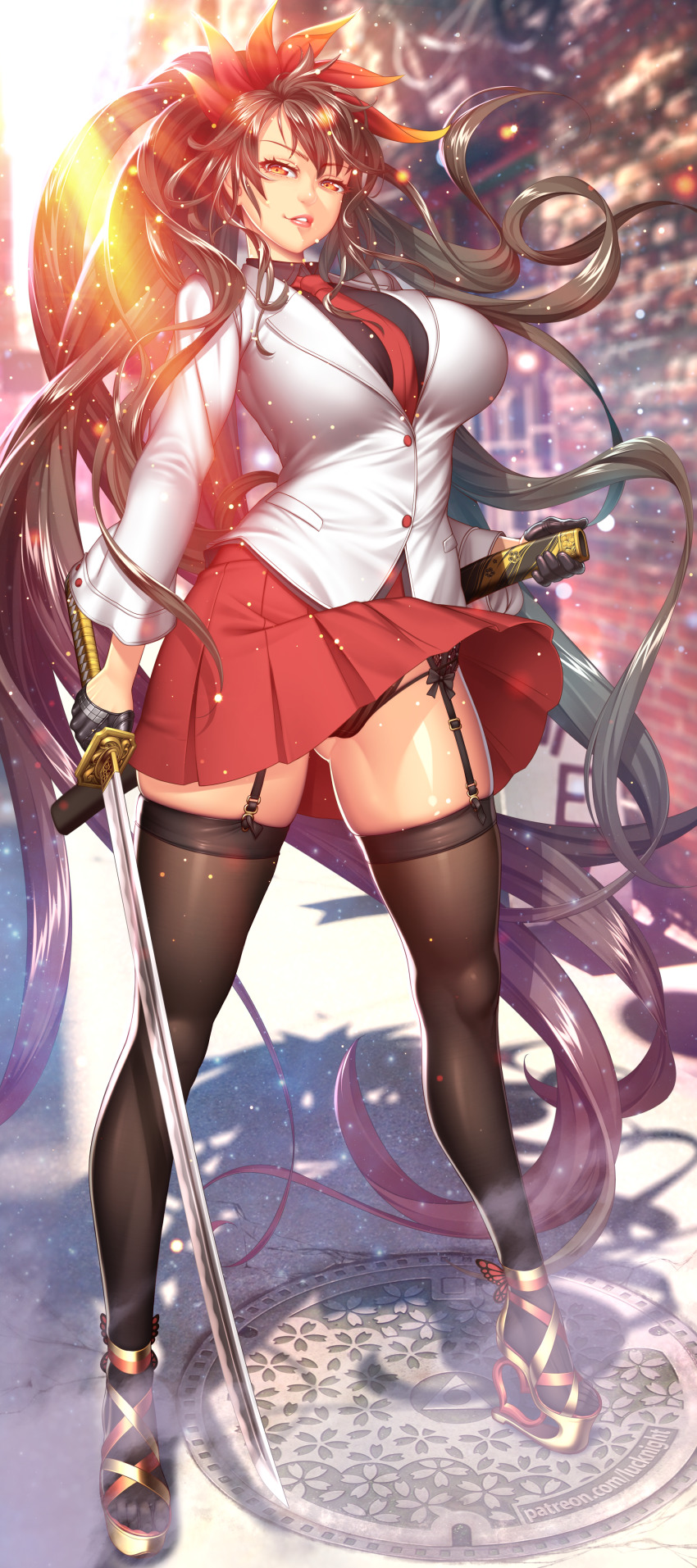 1girl absurdres black_hair black_panties black_shirt black_thighhighs blurry blurry_background breasts brown_eyes clothes_lift day full_body garter_straps gloves gluteal_fold half_gloves highres holding holding_sword holding_weapon jacket katana large_breasts legs_apart lips long_hair looking_at_viewer lucknight manhole_cover necktie original outdoors panties parted_lips platform_footwear pleated_skirt ponytail shirt skirt skirt_lift solo standing suit_jacket sword thighhighs underwear weapon wind wind_lift