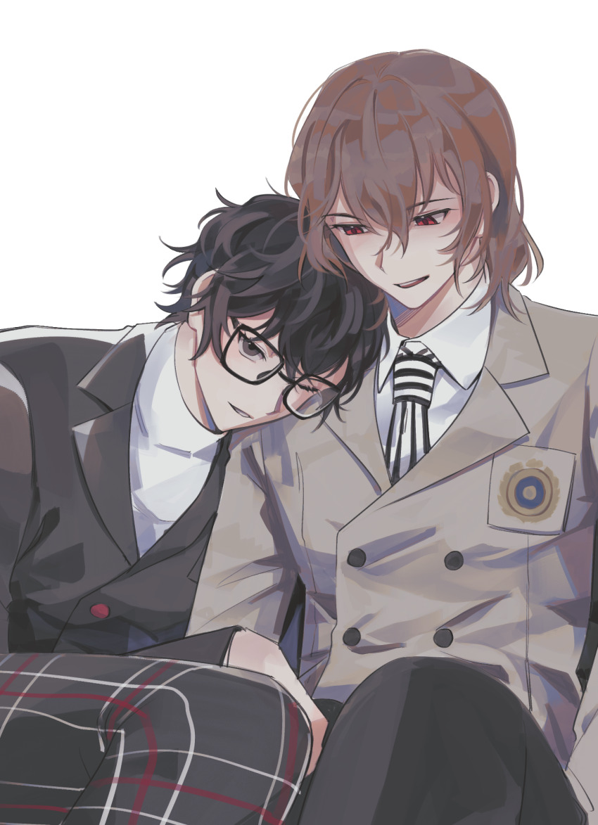 2boys affectionate akechi_gorou amamiya_ren black-framed_eyewear black_hair brown_eyes brown_hair buttons collared_shirt commentary_request elulit2 glasses grey_eyes hair_between_eyes highres jacket leaning_on_person long_sleeves looking_at_another male_focus multiple_boys necktie one_eye_closed open_mouth pants persona persona_5 plaid_clothes plaid_pants red_eyes school_uniform shirt short_hair shuujin_academy_school_uniform simple_background sitting smile striped_necktie