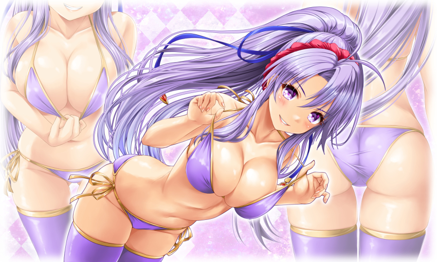 1girl alternate_costume argyle_background argyle_clothes ass bare_arms bare_shoulders bikini blue_ribbon breasts cleavage collarbone commentary_request commission dutch_angle fire_emblem fire_emblem:_genealogy_of_the_holy_war grin groin hair_between_eyes hair_ribbon highres kamiya_tomoe large_breasts lifting_own_clothes long_hair looking_at_viewer multiple_views navel nintendo outline parted_bangs pixiv_commission ponytail purple_bikini purple_eyes purple_hair purple_thighhighs ribbon side-tie_bikini_bottom skindentation smile strap_lift swimsuit tailtiu_(fire_emblem) thighhighs very_long_hair white_outline