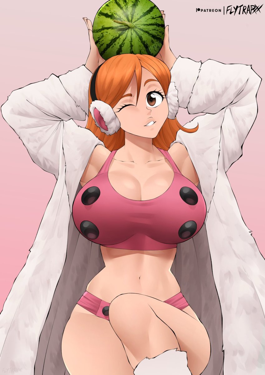 1girl bare_shoulders bleach blinking boots breasts cleavage_cutout clothing_cutout curvy earmuffs earphones female_focus flytrapxx food fruit highres inoue_orihime jacket large_breasts long_hair looking_at_viewer midriff navel orange_eyes orange_hair partially_undressed solo teasing thick_thighs thighs watermelon