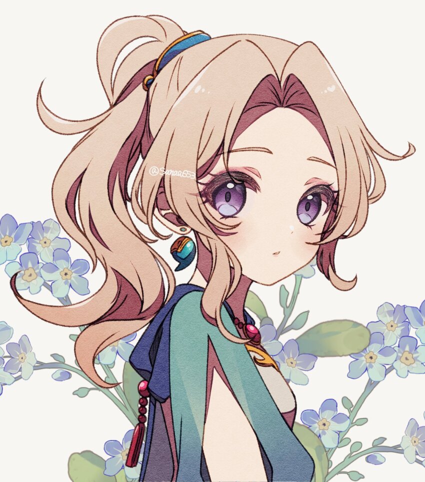 1girl blonde_hair blue_cape blue_flower breasts cape earrings final_fantasy final_fantasy_vi floating_earring floral_background flower forget-me-not_(flower) hair_tie highres jewelry light_blush long_hair looking_at_viewer medium_breasts official_alternate_costume parted_bangs parted_lips ponytail purple_eyes sana_(sanaa653) sidelocks solo tina_branford twitter_username upper_body