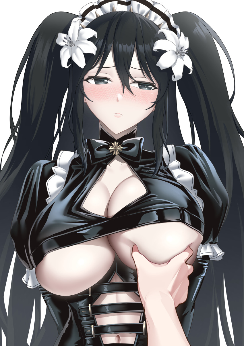 1girl absurdres black_eyes black_hair blush breasts cleavage closed_mouth flower fubuki_(senran_kagura) hair_flower hair_ornament highres leather lily_(flower) long_hair meme navel pale_skin pov_cheek_grabbing_(meme) senran_kagura simple_background solo solo_focus twintails underboob upper_body white_background white_flower white_lily zib_(boriku)