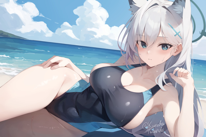 1girl animal_ear_fluff animal_ears artist_name beach black_one-piece_swimsuit blue_archive breasts broken_halo cleavage closed_mouth cloud cloudy_sky collarbone commentary_request competition_swimsuit covered_navel cross cross_hair_ornament day extra_ears grey_eyes grey_hair grey_halo hair_ornament halo horizon inverted_cross large_breasts long_hair looking_at_viewer lying ocean on_side one-piece_swimsuit outdoors shiroko_(blue_archive) shiroko_(swimsuit)_(blue_archive) shiroko_terror_(blue_archive) sideboob signature sky solo swimsuit tateishi_kureha thighs very_long_hair wide_hips wolf_ears wolf_girl