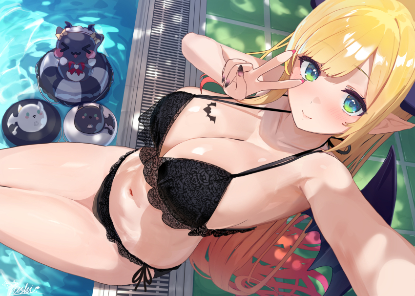 1girl arm_up armpits bare_shoulders bat_tattoo bikini black_bikini black_nails blonde_hair blush breasts cleavage closed_mouth day dot_nose gradient_hair green_eyes halterneck hand_up highres hololive lace lace-trimmed_bikini lace_trim large_breasts legs_together light_smile long_hair looking_at_viewer multi-strapped_bikini_top multicolored_hair nanaushi navel orange_hair outdoors outstretched_arm pointy_ears pool poolside selfie side-tie_bikini_bottom signature sitting smile solo stomach straight_hair string_bikini swim_ring swimsuit tattoo thighs v virtual_youtuber water yuzuki_choco